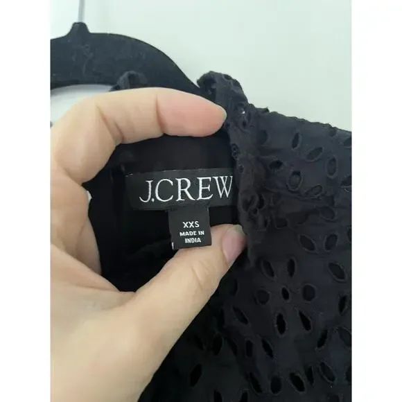 J.CREW Black Eyelet Smocked Short Sleeve Blouse Top Size xxs Ruffle 100% Cotton - Picture 2 of 7
